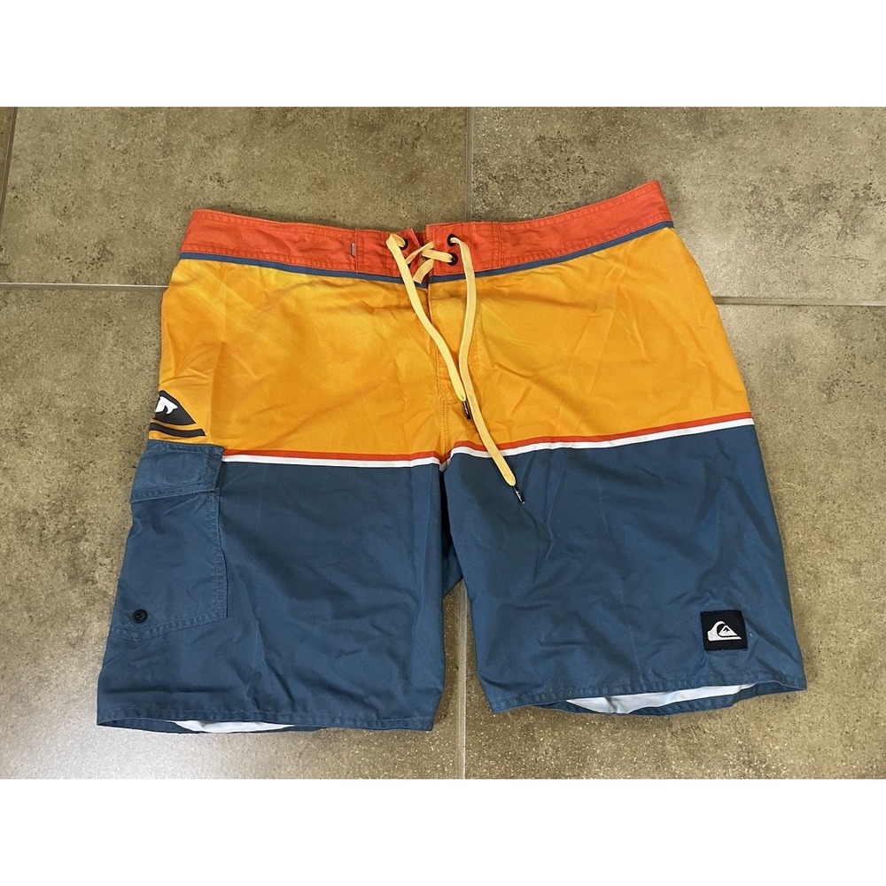 Quicksilver Mens Sz 36 Swim Board Shorts Drawstring Orange Striped Logo